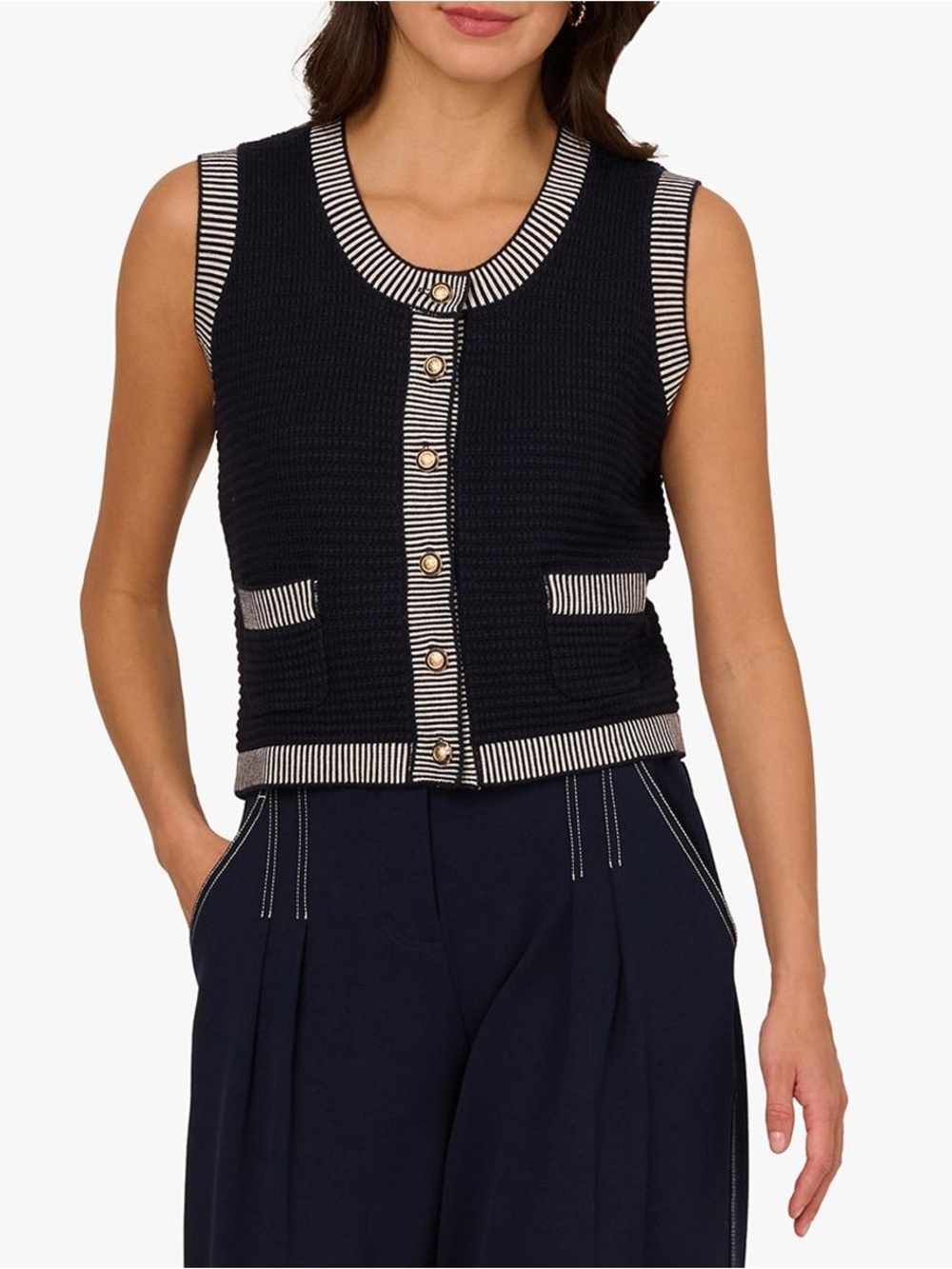 Adrianna Papell Navy Cream Cropped Knit Vest Cardigan Striped Trim Nautical